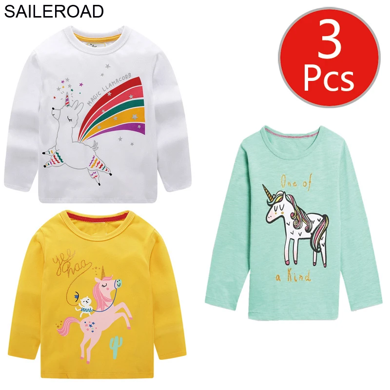 SAILEROAD 3Pcs Didmeninė Vaikų Marškinėliai Rudenį 2020 Merginos Long Sleeve t-shirts Vienaragis Medvilnės Vaikai Plonas Viršutiniai Marškinėliai