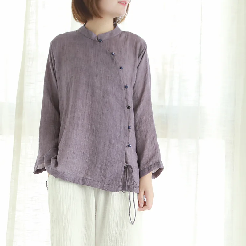 2020 naujas Kinų stiliaus trijų ketvirčių rankovėmis mygtuką marškinėliai rudenį palaidinė vientisos spalvos diržas šviesą ponios marškinėliai viršų