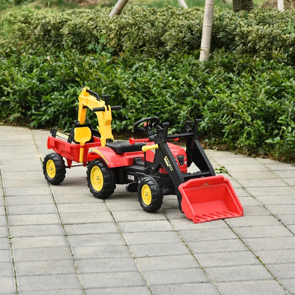 HOMCOM Traktoriaus pedalai su ekskavatorių priekabos priekyje kastuvas vairavimo žaislą virš 3 metų 179x42x59 cm, raudonas