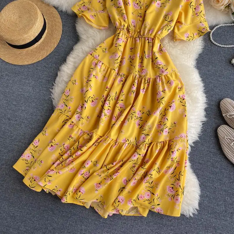 Boho slim v kaklo Ruffles Vasaros gėlių spausdinti Midi ilgio šifono Suknelė Moterims atsitiktinis paplūdimio atostogų suknelė elegantiškas Šalis suknelė tunika