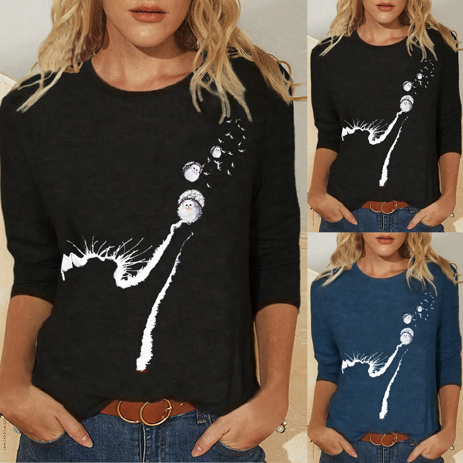 Moterų Drabužių Pavasario Rudens Atsitiktinis Puloveriai moteriški Drabužiai Juokinga Cute Kačių 3D Print Long Sleeve T-Shirts Ponios Mados Viršūnes