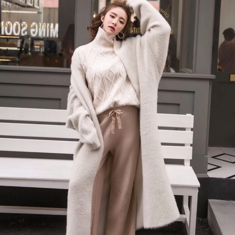 Rudenį Ir Žiemą Naujas korėjiečių Boutique Mink Cashmere Cardigan Megztinis Moteriška Ilgas Kailis džemperis cardigan