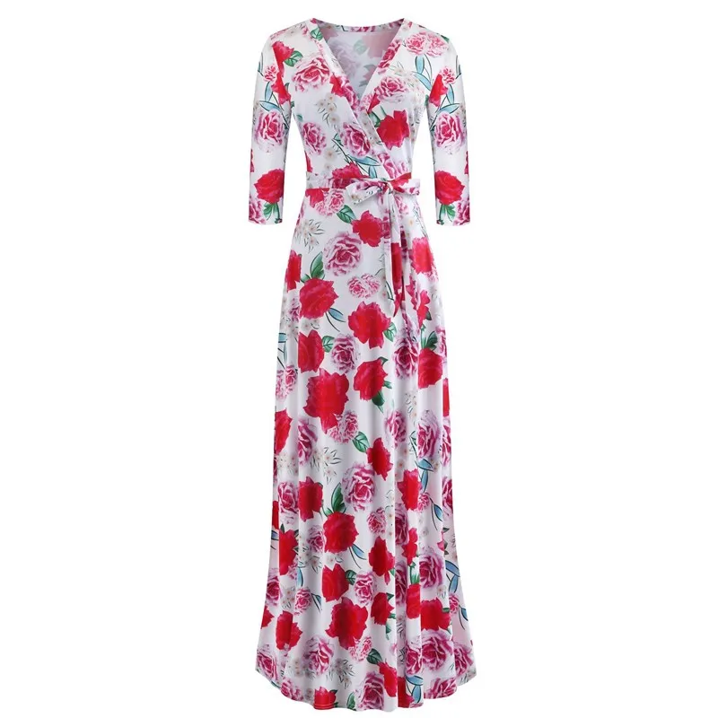 2020 m. Rudenį Seksualus Giliai V-kaklo Moterų Suknelė Bohemijos Skraiste Suknelė Elegantiškas Retro Gėlių Spausdinti Suknelė Plus Size Vestidos Rudenį-line