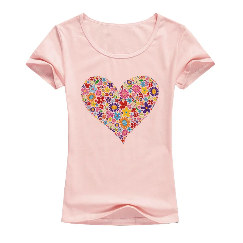 Mados Trumpas Rankovės marškinėliai Vasarą Moterys T shirts širdies formos Gėlių Spausdinti Viršūnių O-kaklo Moterų marškinėliai A88