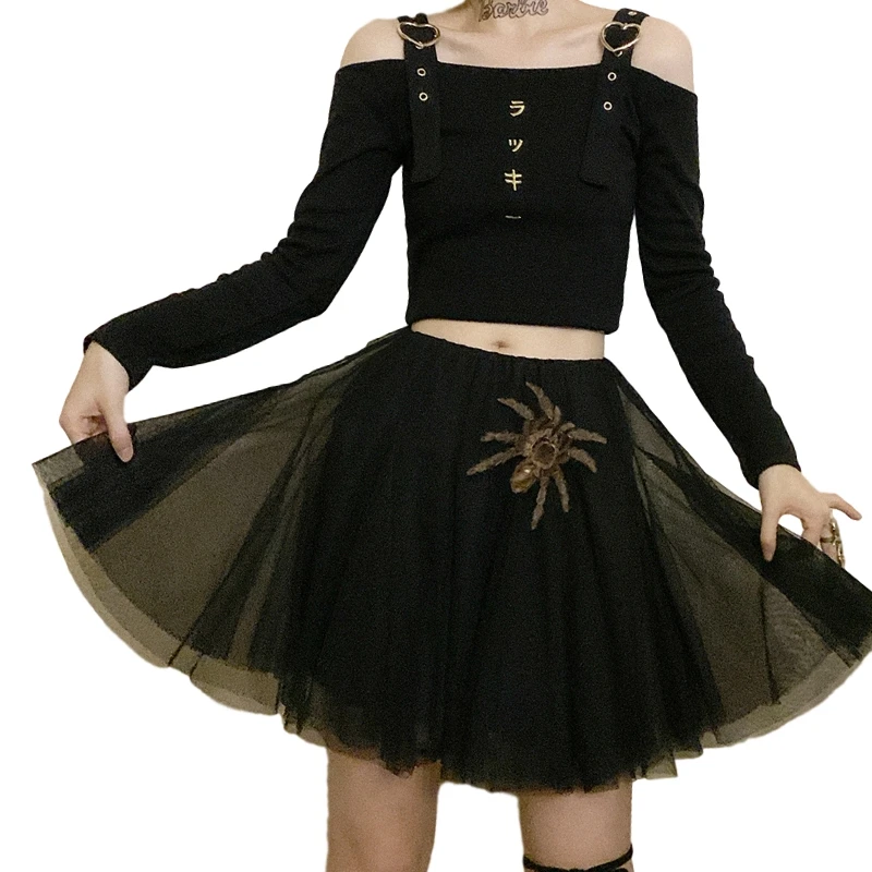 Gothic Punk Off Peties Moterų Marškinėliai Rudenį Mielas Juokingas Ilgomis Rankovėmis Pasėlių Viršuje Japonija Streetwear Kawaii Sexy Juoda Rausva Tee Marškinėliai