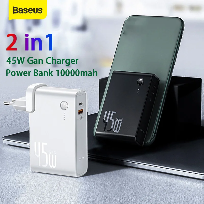 Baseus 2 in 1 GaN Galia Banko 10000mAh & 45W USB Įkroviklis PD Greitas Įkrovimas baterijos Adapteris Su 1m Kabelis Nešiojamas Xiaomi iP
