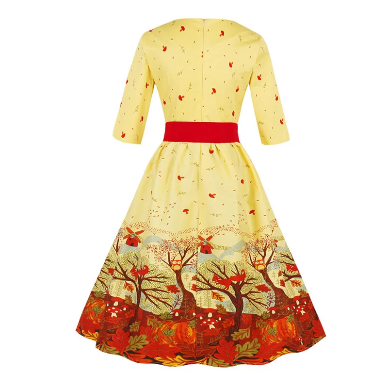 Plius Dydis 4XL Rudenį Suknelė Moterims, Sūpynės, Rockabilly Lapų Spausdinimo 50s 60s Vintage Suknelė Su Diržo Midi Rankovės Elegantiškas Šalis Suknelės