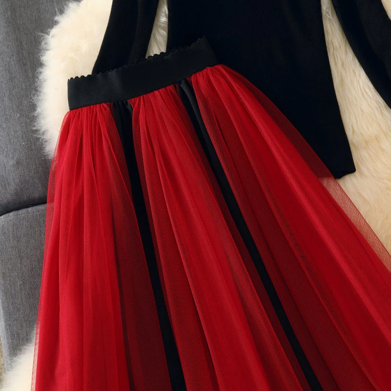 Elegantiškas žiemą, rudenį, Moterų Megzti Soild Megztiniai Megztinis +Elastinga Juosmens juoda raudona Kratinys Akių nėrinių Sijonus Dviejų dalių Rinkiniai