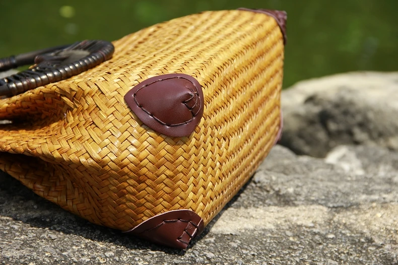 Tailando versija šiaudų maišą moteriškų rankų maišą mados retro vaza vynuogių maišelį kelionės paplūdimio krepšys bambuko medienos rankena rankinės