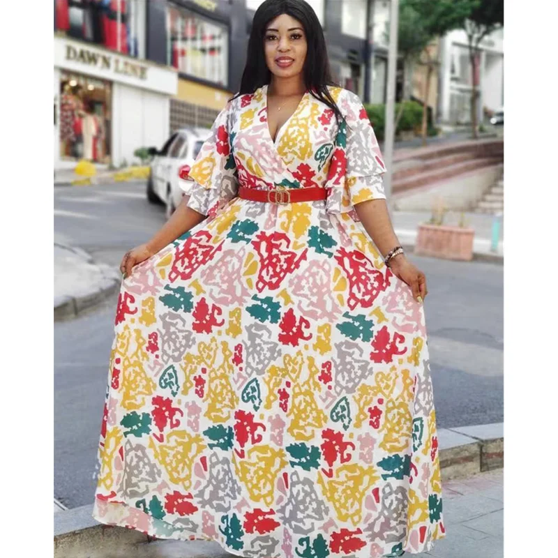 Afrikos Spausdinti Suknelės Moterims 2021 M. Pavasario Vasaros Ponios Plius Dydis Šalis Ilga Suknelė Trumpomis Rankovėmis Šifono Afrikos Drabužiai