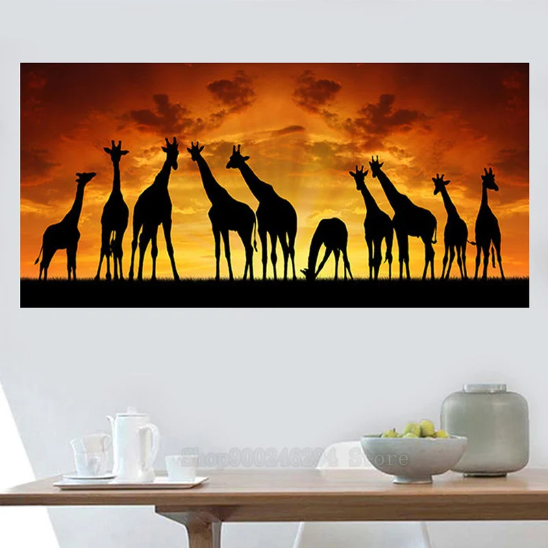 Afrikos meno saulėlydį žirafa kraštovaizdžio 5d Diamond Tapybos Turas Gręžimo didelis 