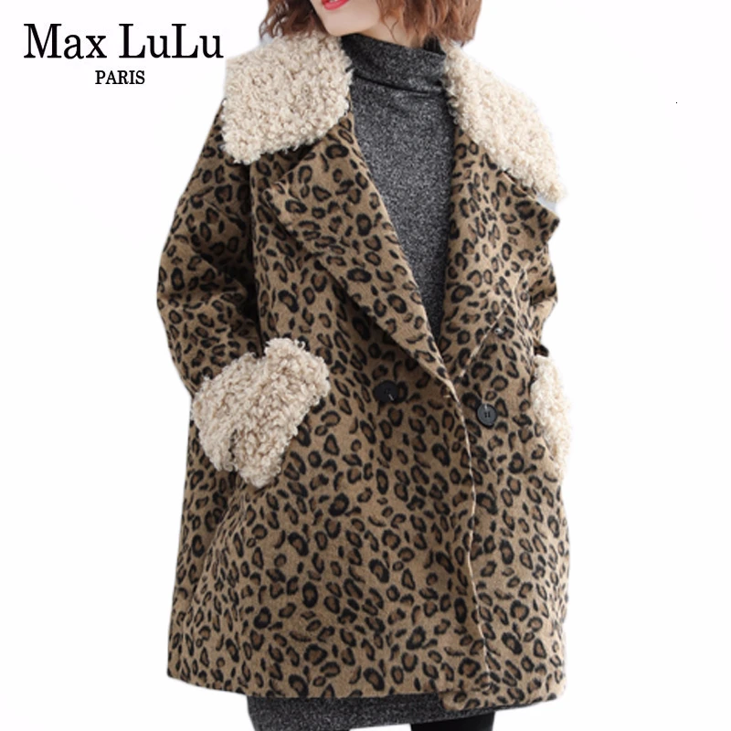 Max LuLu 2019 Mados Korėjos Negabaritinių Šiltų Viršutinių Drabužių Siuvimas Ponios Vilnonis Ilgas Windbreakers Moterų Atsitiktinis Leopard Kamšalu Žiemos Paltai