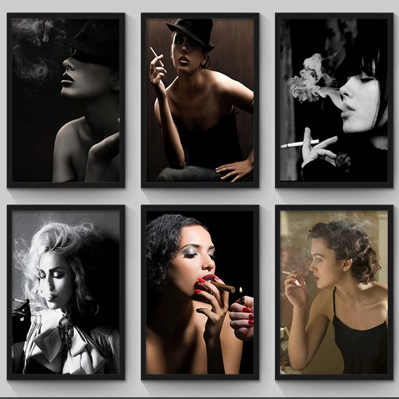 Šiuolaikinės Tapybos Drobės Juoda ir Balta Rūkyti Moterų Nuotraukas, svetainė, Miegamasis, Drobė Meno A4 Plakatai, be Rėmelio