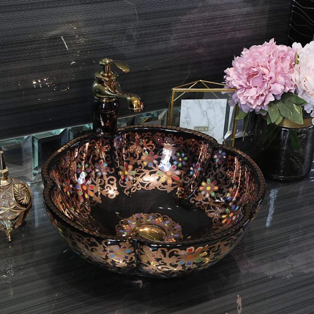 Gėlių formos Jingdezhen gamykloje tiesiogiai keramikos, rankomis dažyti plauti rankomis baseino vonios kriauklės juoda su aukso modelis LO613424