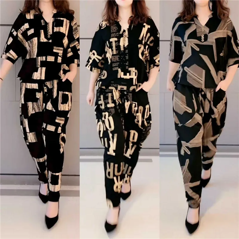 Moteriški drabužiai-dviejų dalių kostiumėlį pavasarį ir rudenį, didelio dydžio moteriški spausdinimo aštuonių taškų šikšnosparnių rankovėmis, dideli T + haremo kelnės fema