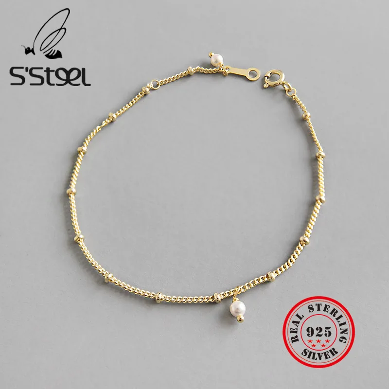 S'STEEL 925 Sterlingas Sidabro Apyrankės Moterų Perlų, Aukso Granulių Grandinės Pulseras Mujer Moda Apyrankę Argent 925 Masyvo Fine Jewelry
