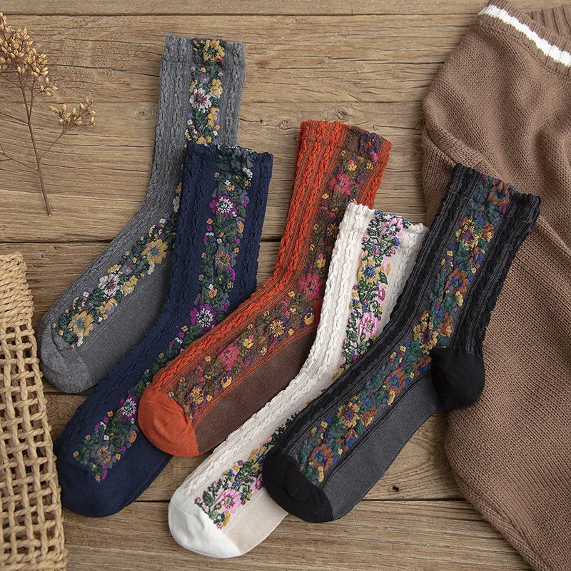 KMS Grynos medvilnės kvėpuojantis vamzdis kojinės retro mažų gėlių miško saldus lino modelis krūva kojinių Vienas Dydis 5 Poras, 5 spalvų