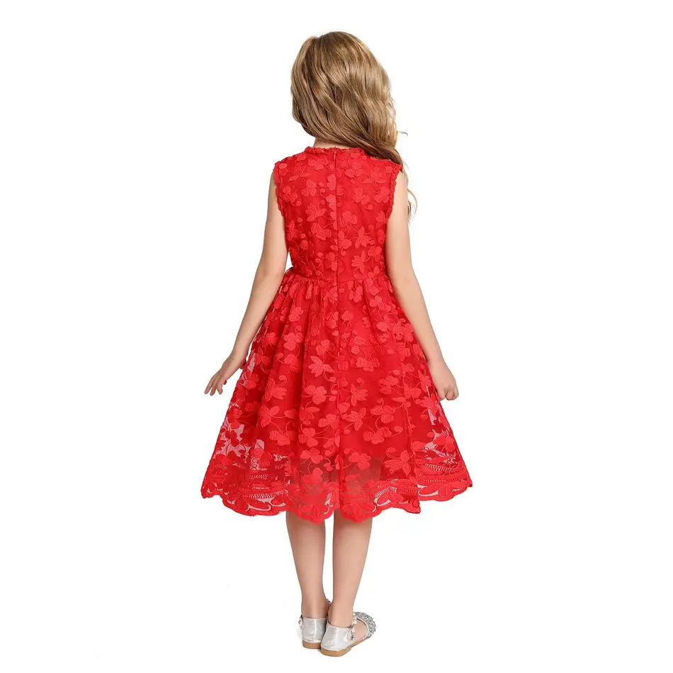 MUABABY Mergaičių Vasaros Suknelė be Rankovių Nėrinių Vaikams, Elegantiškas Drabužius Gėlių Siuvinėjimas Raudona Balta Spalva Vaikams Laisvalaikio Suknelė 2-8T