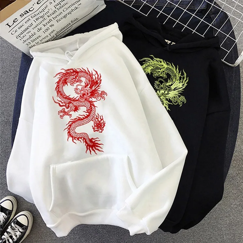 Moterų Hoodie Harajuku Kinijos Derliaus Streetwear Viršūnes Dragon Spausdinti Hoodie Žiemos Naujas Prarasti Atsitiktinis Negabaritinių Moterims Palaidinės