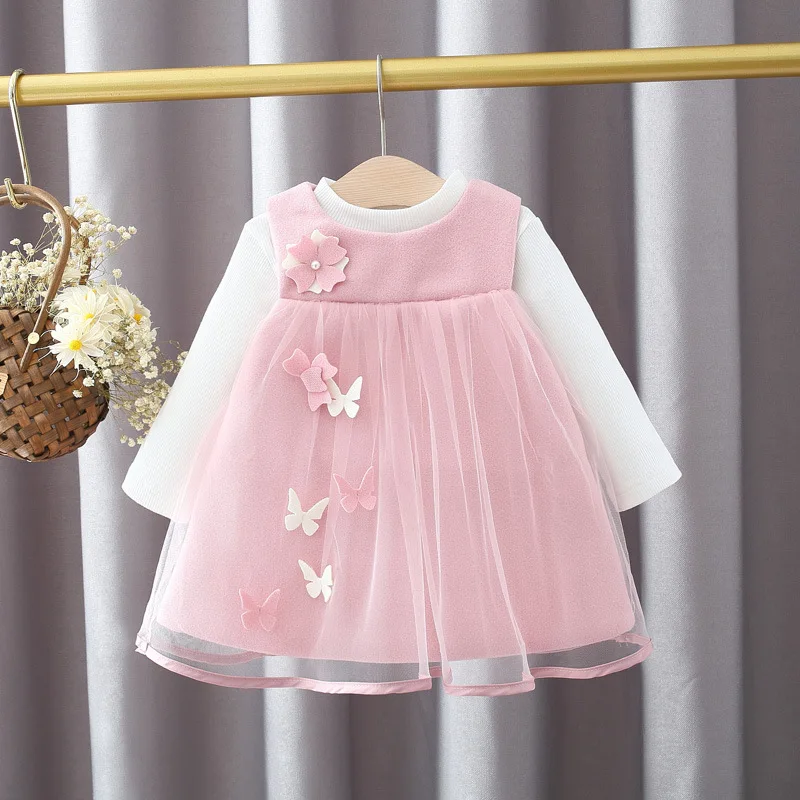 Pavasario Kūdikių Mergaičių Long Sleeve T-Shirt + Drugelis Vilnonių Sundress Princesė Vaikai Vaikai 2vnt Tutu Suknelė Drabužius Vestidos