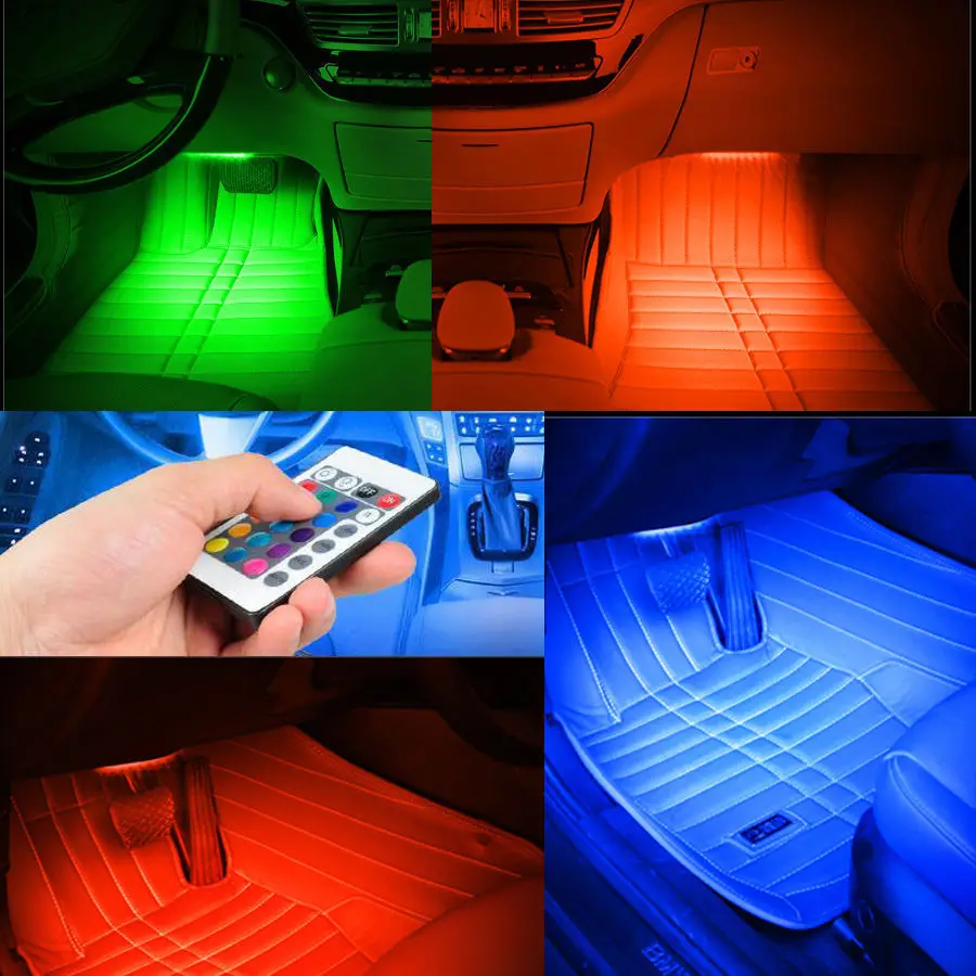 ISincer Automobilių RGB LED Juostelės 4*9pcs SMD 5050 10W Automobilio Salono Dekoratyvinis Atmosfera Juostelės Auto Keliu, Grindų Šviesos Nuotolinio Valdymo