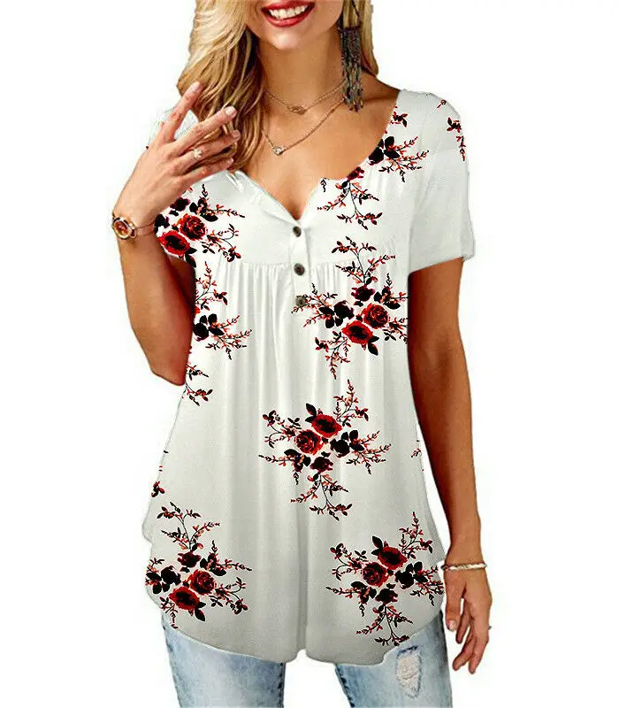 Moterys Vasarą Atsitiktinis Gėlių Ponios Viršūnes Tee Marškinėliai Prarasti Baggy ruožas Tunika T Shirts