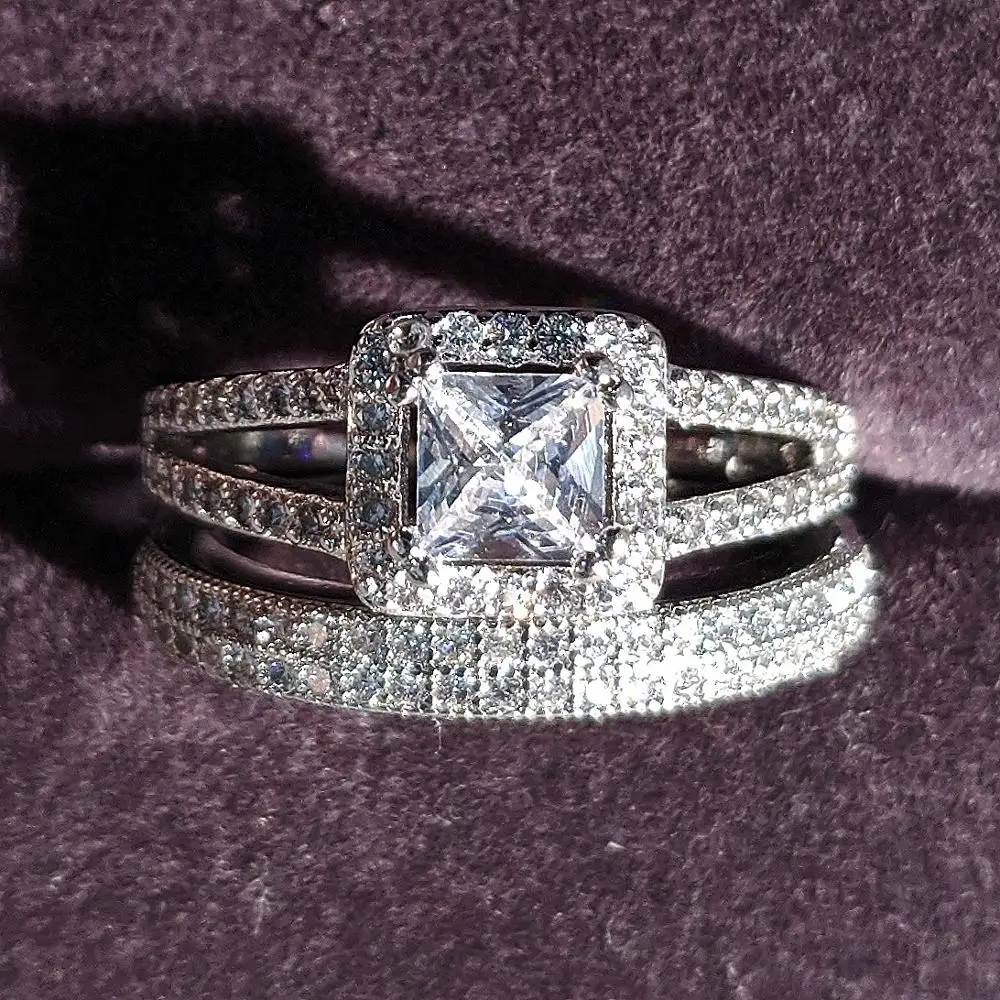 Klasikinis mados 925 sterlingas sidabro pagalvėlė CZ kubinis cirkonis vestuvių žiedas rinkinys moterims nuotaka Dalyvavimas Juvelyrikos, Juostų R4829