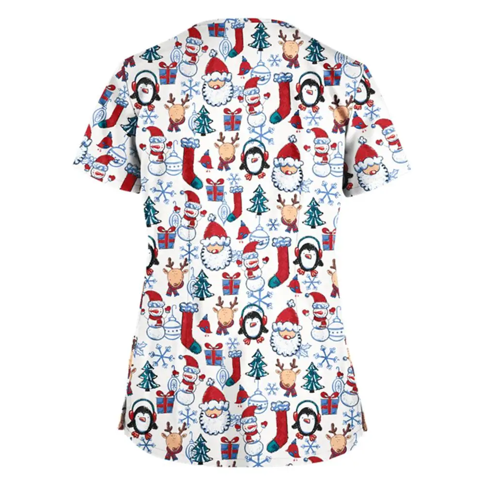Moterų Krūmynai Kostiumas marškinėliai trumpomis Rankovėmis V-kaklo Viršūnes Darbo Vienodos Kalėdų Padėkos Spausdinti Moterų Uniformos, Marškinėliai, Topai