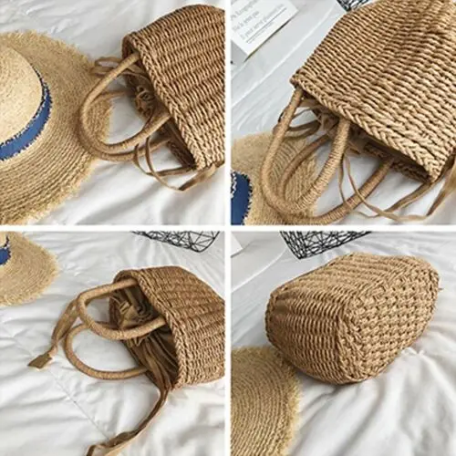 Moterų Šiaudelių, Austi Bag Rankinė Pečių Maišą Rotango Sankabos Krepšelį Vintage Vasaros Paplūdimio Stiliaus Rankinė