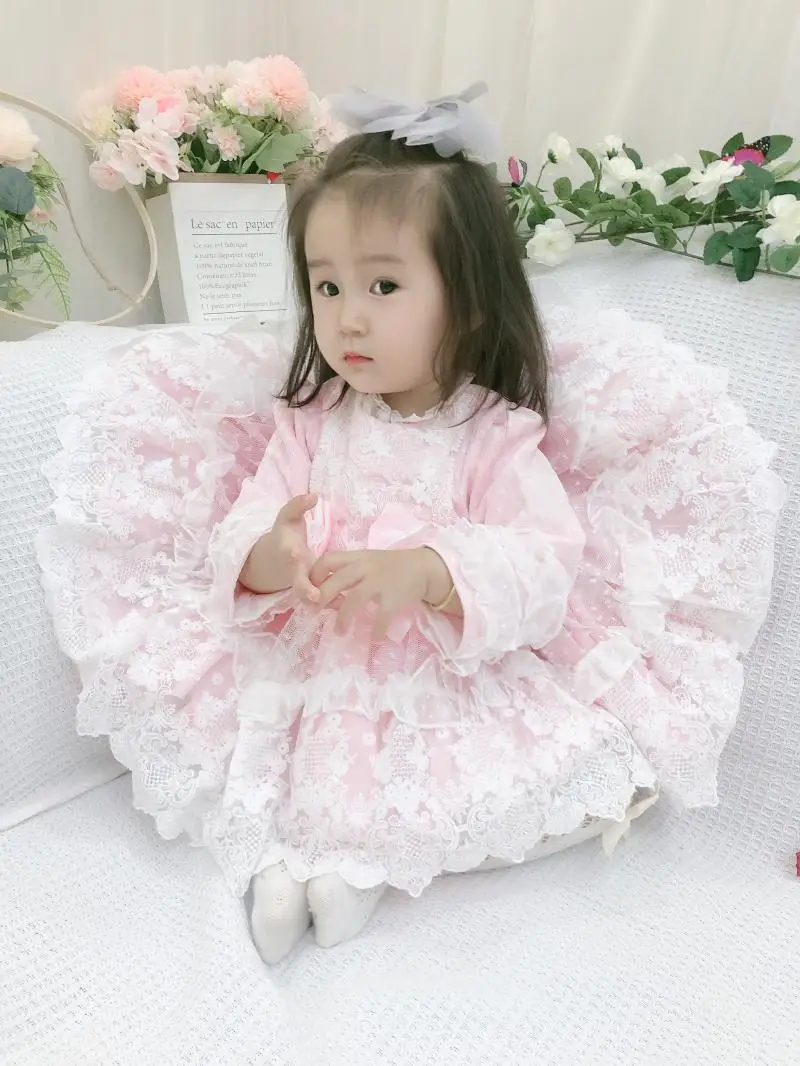 Baby Girl Lolita Princess Kamuolys Suknelė Rožinės spalvos Nėrinių Lankas ispanijos Suknelė Mergaitėms Kūdikio Gimtadienio Krikšto Šalies Drabužių Ispanija Vestidos
