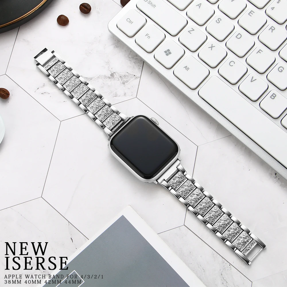 Nerūdijančio plieno dirželis Apple Watch Band 6 SE 5 4 44mm 40mm ponios diamond iWatch serijos 3 2 38mm 42mm apyrankę priedai