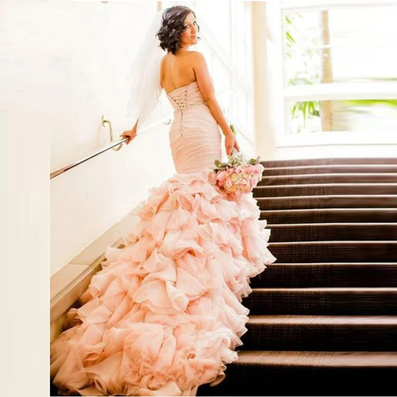 Moderni Klasika Blush Pink Undinė Brangioji Nuotakos Vestuvių Suknelės, Nėriniai Atgal Zawalcowany Vestuvių Suknelės už Nuotaka Pakopų Apačioje