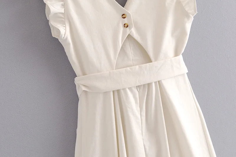 Elegantiškas ruffless balta lininė suknelė moterų berankovis backless lankas midi suknelė Vasaros kišenėje Atsitiktinis suknelė 2018 korėjos paplūdimio vestido