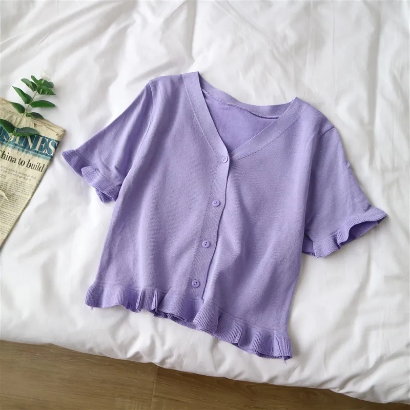 Vasaros Moterų Megzti marškinėliai Cardigan viršūnes korėjos Retro Seksualus Violetinė balta Raukiniai Trumpas Trikotažo marškinėliai Cardigan Tees Moterų GD350