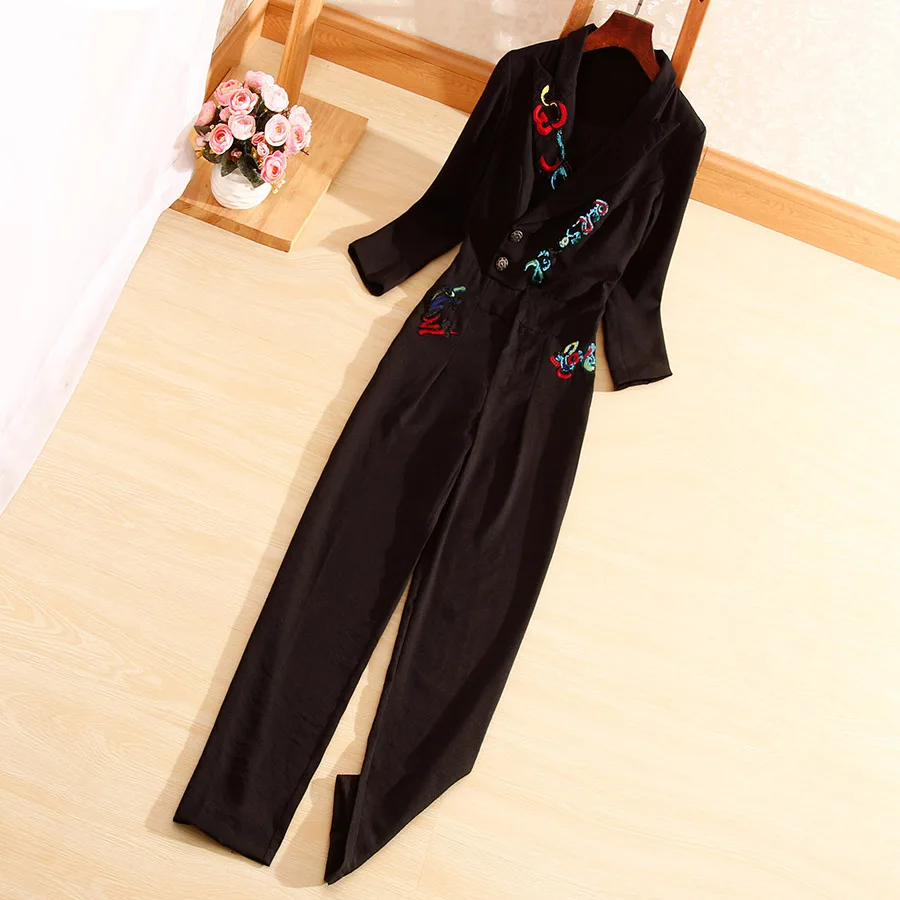 Nauja rudens stiliaus Moteris jumpsuits Kinų stiliaus mados siuvinėjimo Blizgučiais elegantiškas plonas panele balta/juoda Rompers S-XL