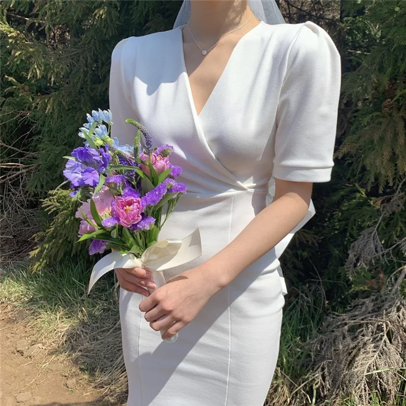 Derliaus elegantiška suknelė moterims 2020 naujas vasaros-line trumpas rankovės midi šalies korėjos v kaklo Suknelės moteris vientisos baltos vestid