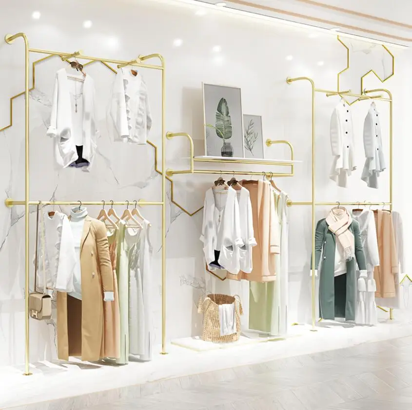 Drabužių parduotuvė display rack grindų tipas moteriški drabužiai parduotuvės lentynos dvigubo sluoksnio drabužių džiovykla aukso sienos drabužių džiovykla