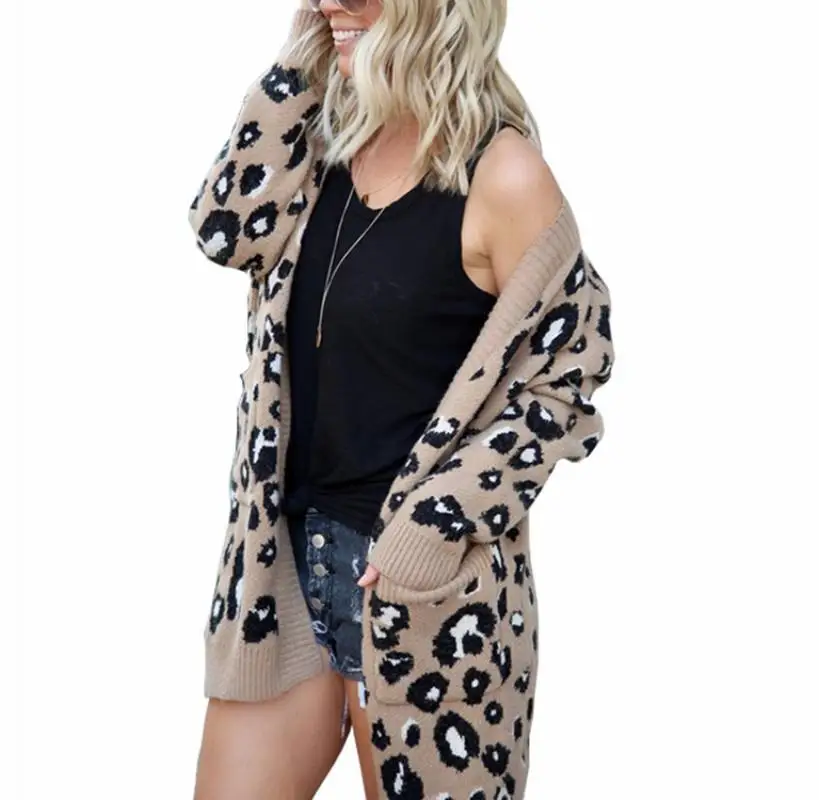 Moterys, Moterų Ilgas Rankovėmis Plius Dydis Išorinis Megzti Viršūnes Rudens Žiemos Leopard Cardigan Megztinis Kailis Traukti Femme Jersey Sueter