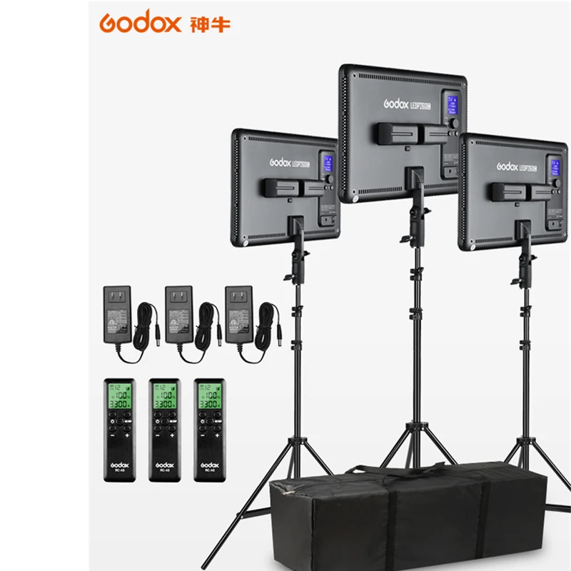 3pcs Godox LEDP260C Ultra-plonas 30W 3300-5600k LED Vaizdo Šviesos Skydelio Lemputė su 3pcs 2m Šviesos Stovėti Vaizdo Studija Žibintai