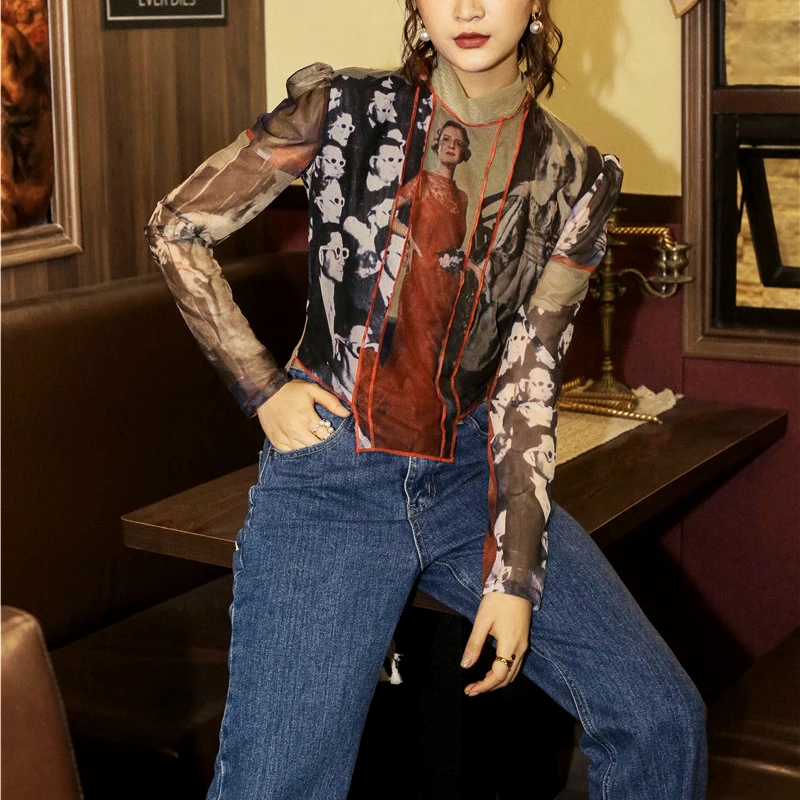 Dizaineris Vintage Stiliaus Spausdinti Marškinėliai Moterims Stovėti Kaklo, ilgomis Rankovėmis Moterims Topai Spalvos Bloką Marškinėliai, Apatiniai Drabužiai SL420