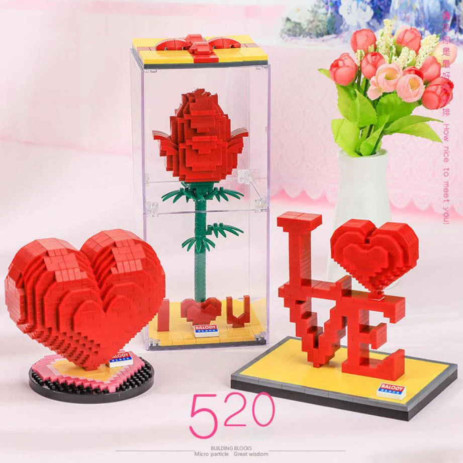 Kūrėjas Romantiškos meilės širdį gėlė micro diamond blokuoti rose nanobricks I love u statybinės plytos modelis žaislai Valentino dovanos