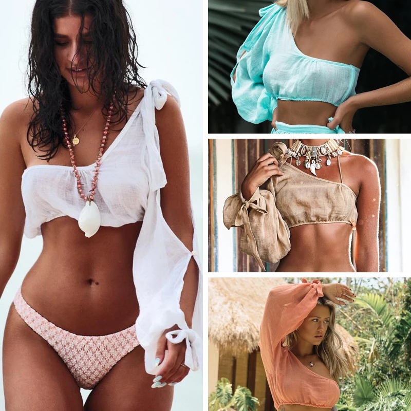 2019 Naujas Bikini Padengti-Iki Paplūdimio Suknelė Ilgomis Rankovėmis Voratinkliai Moteris Vieną Petį Tvarstis
