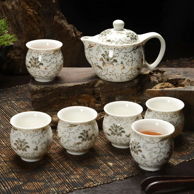 Jingdezhen 7Pcs Arbatos Rinkinys, Mėlynos ir Baltos spalvos Porceliano Dvigubos Sienelės Taurės Kūrybos Gėlių Dragon Moutain Arbatinukas Kung fu arbatos rinkinys Teaware