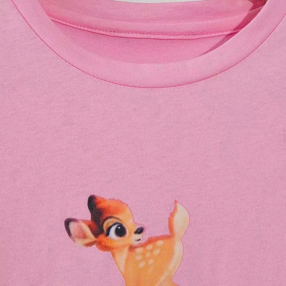 Disney Marškinėliai Mados Atgal Bambi Elnias Gėlių Animacinių Filmų Spausdinti Saldus Moterys T-Shirt O-Kaklo Trumpomis Rankovėmis Pink Cotton Tee Viršūnes Moteris