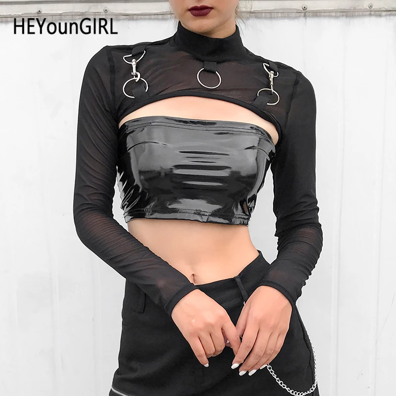 HEYounGIRL Harajuku Juoda Akių Pasėlių T Shirt Ladies Punk, Gothic Seksuali Moteris Marškinėlius Viršūnes Tees Skaidrus Long Sleeve Tee Marškinėliai