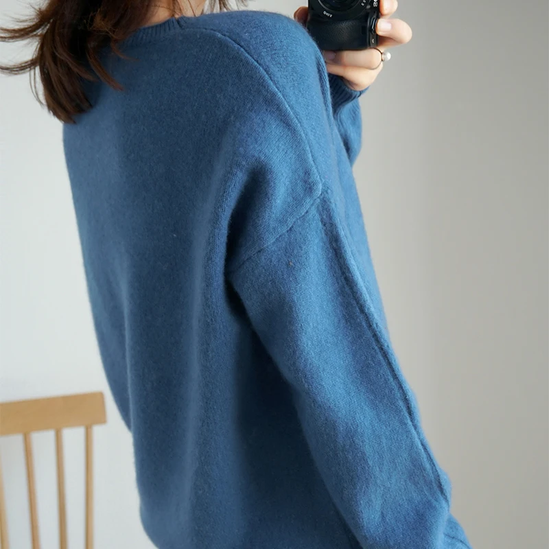 Moterų žiemos naujas kašmyro megztinis apvalios kaklo, ilgomis rankovėmis megztinis džemperis large dydis prarasti atsitiktinis dugno megztinis-Pristatymas