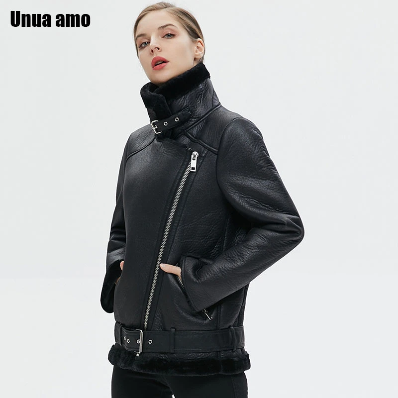 Unua amo ėriukų vilna Odinė Striukė Moterims Tirštėti Šiltas Moto Dviratininkas Outwear 2021 Mados Dirbtiniais Kailiais Black PU Oda Žiemą Pliušinis Kailis