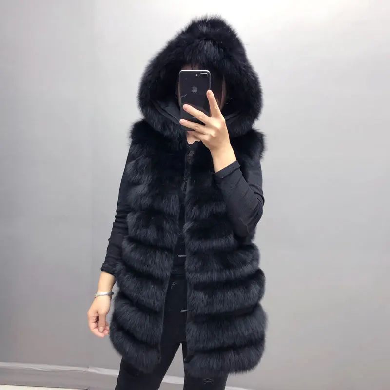 Nekilnojamojo fox fur coat vest Moteris žiemą trumpas gobtuvu kailiai, kailio liemenė moterų žiemos striukės Dryžuotas švarkas QD.YISHANG