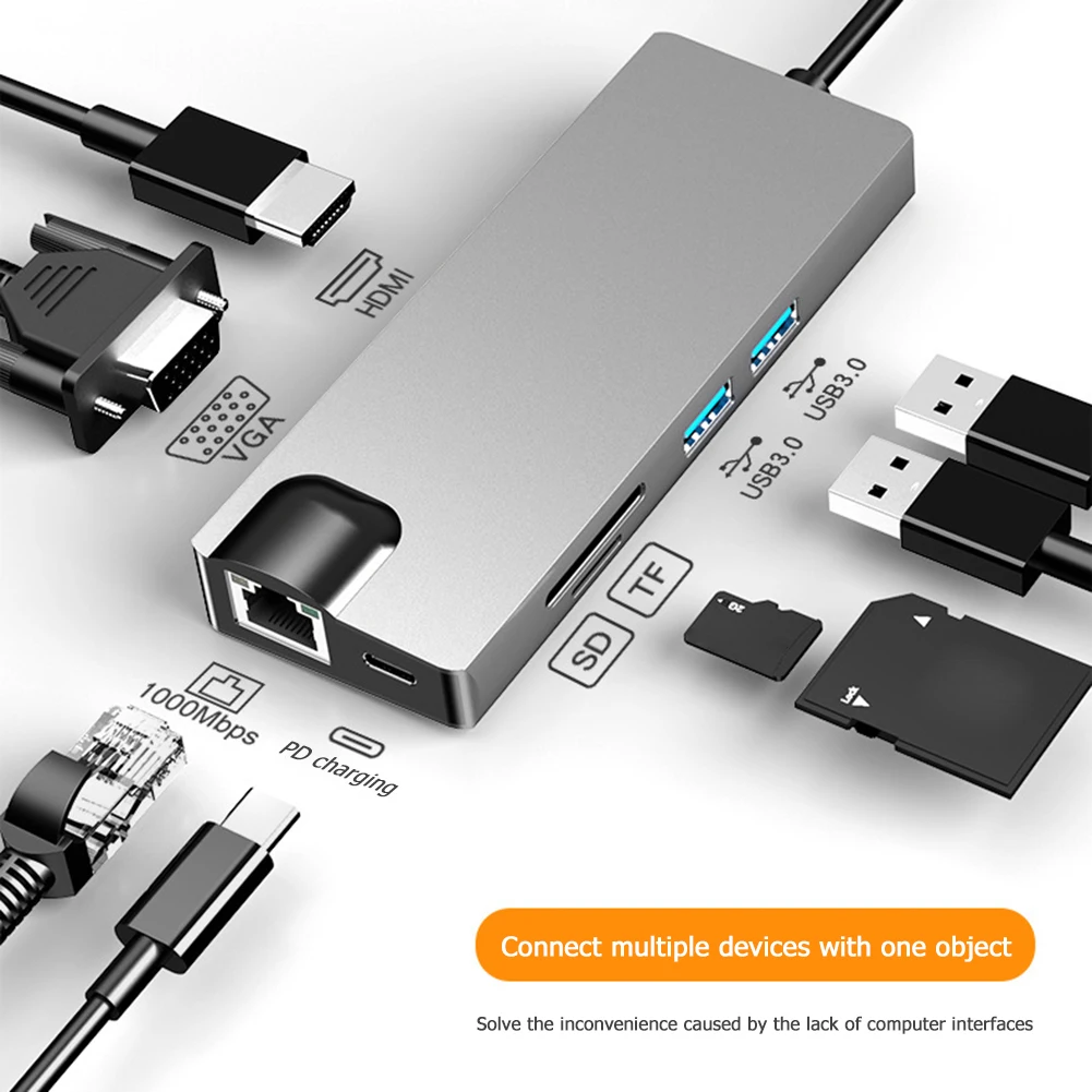 8 1 USB C Hub C Tipo Multi 2 USB 3.0 4K HDMI VGA Gigabit RJ45 TF Card Reader PD Įkrovimo Adapteris, Splitter PC Labtop