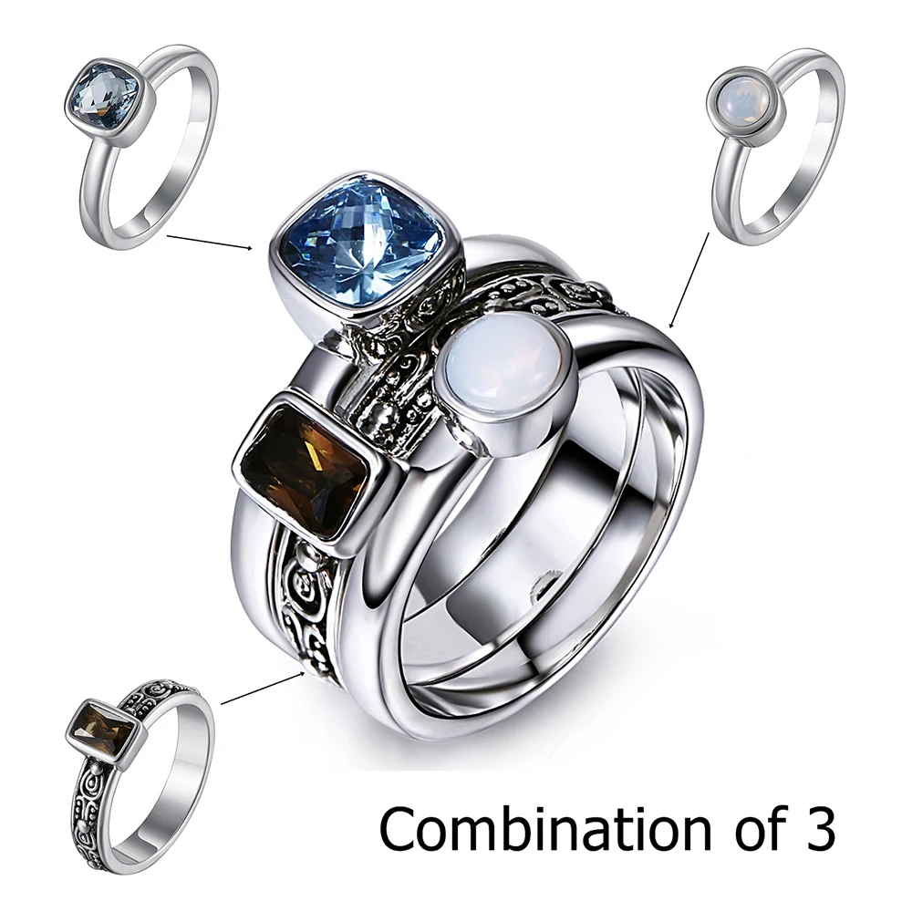 Mados Žiedas 3pcs rinkiniai, Opalas akmuo, Mėlyna Ruda Kubinių Cirkonio Kristalų Pareiškimą Piršto Žiedą, Moterims, Papuošalai